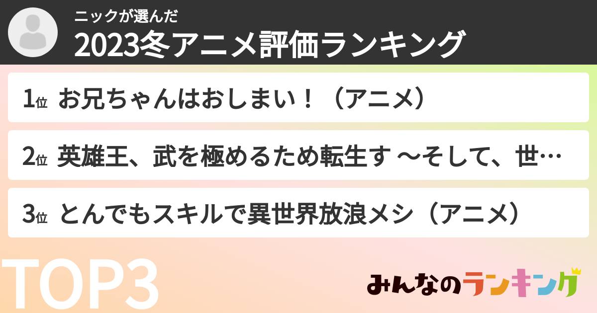 ニックさんの「2023冬アニメ評価ランキング」