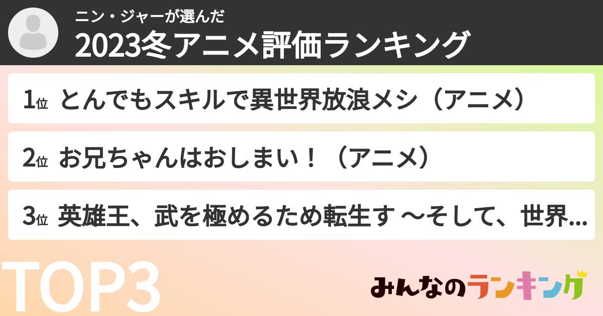 ニン・ジャーさんの「2023冬アニメ評価ランキング」