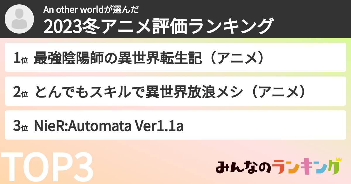 An other worldさんの「2023冬アニメ評価ランキング」
