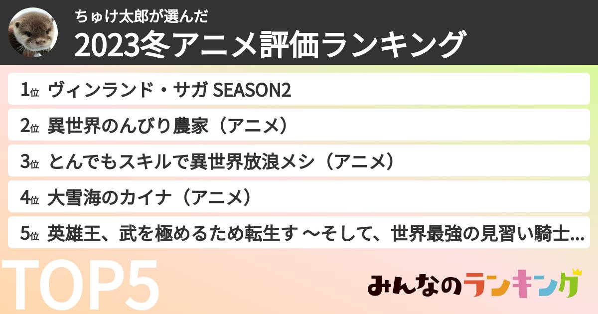 ちゅけ太郎さんの「2023冬アニメ評価ランキング」