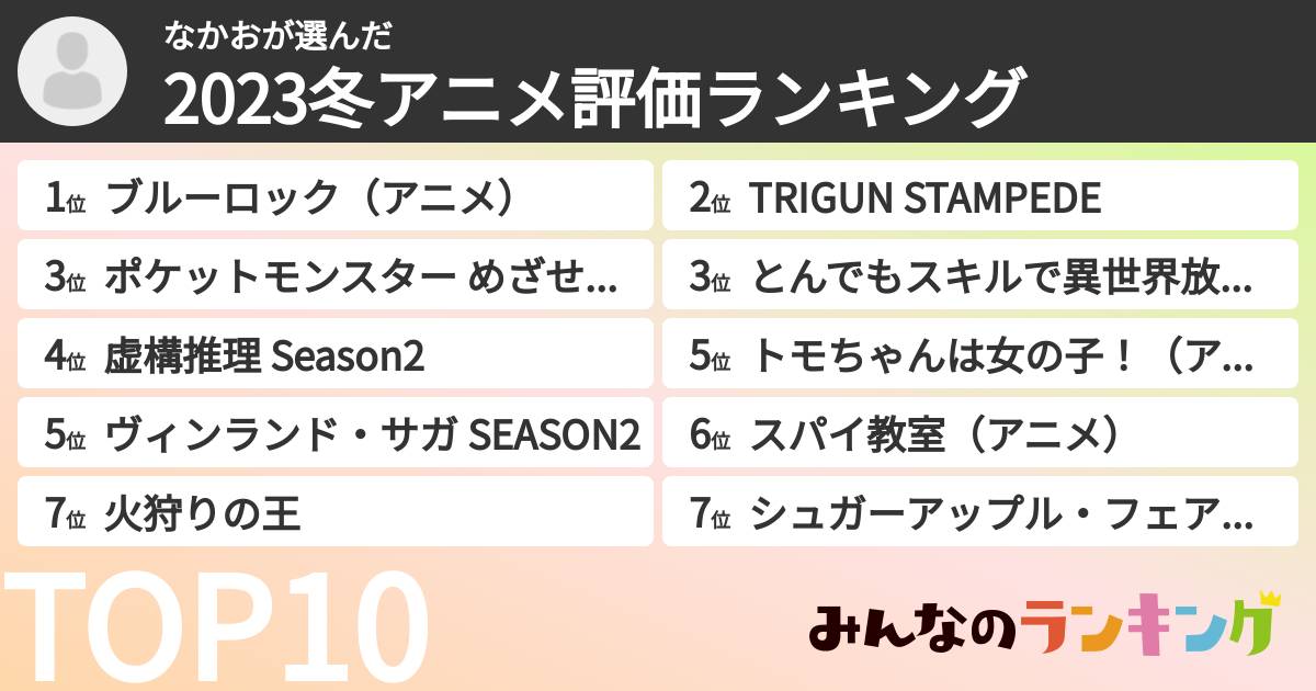なかおさんの「2023冬アニメ評価ランキング」