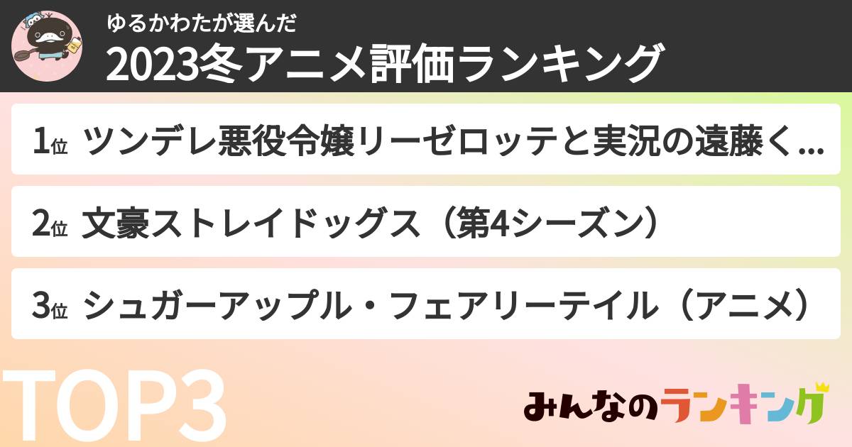 ゆるかわたさんの「2023冬アニメ評価ランキング」