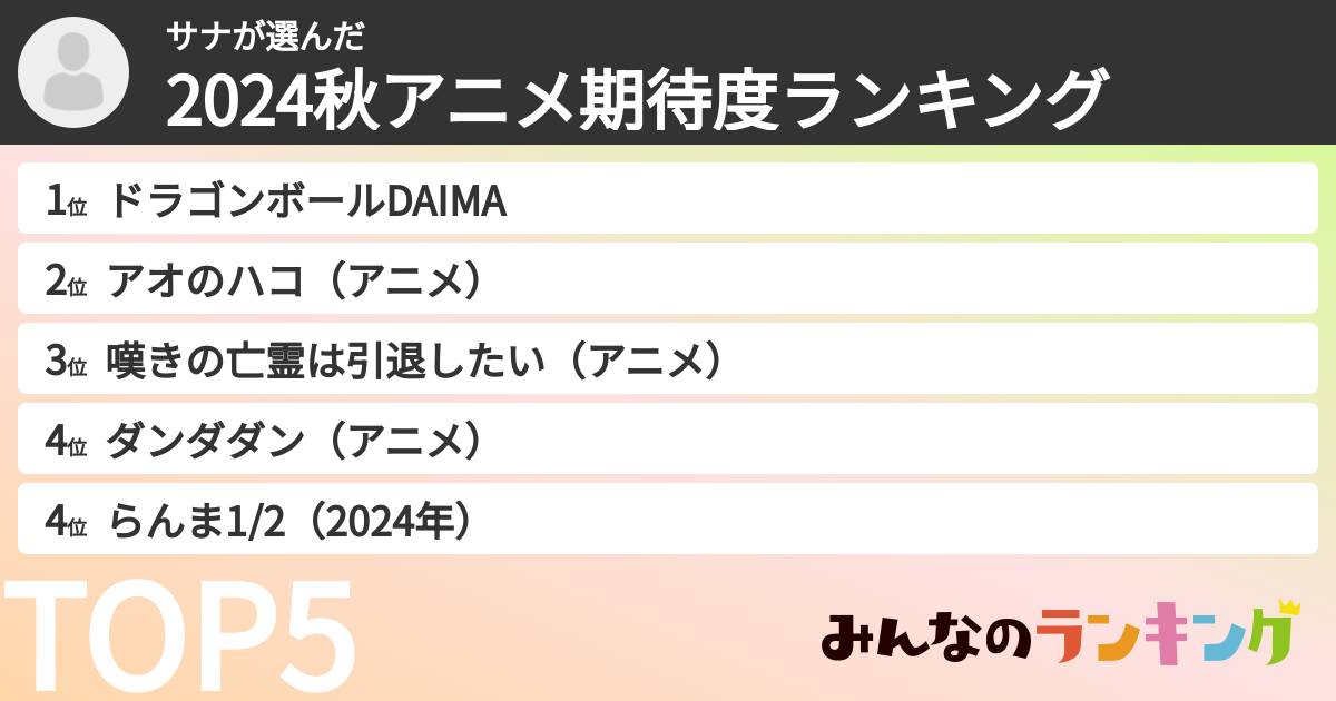 サナさんの「2024秋アニメ期待度ランキング」