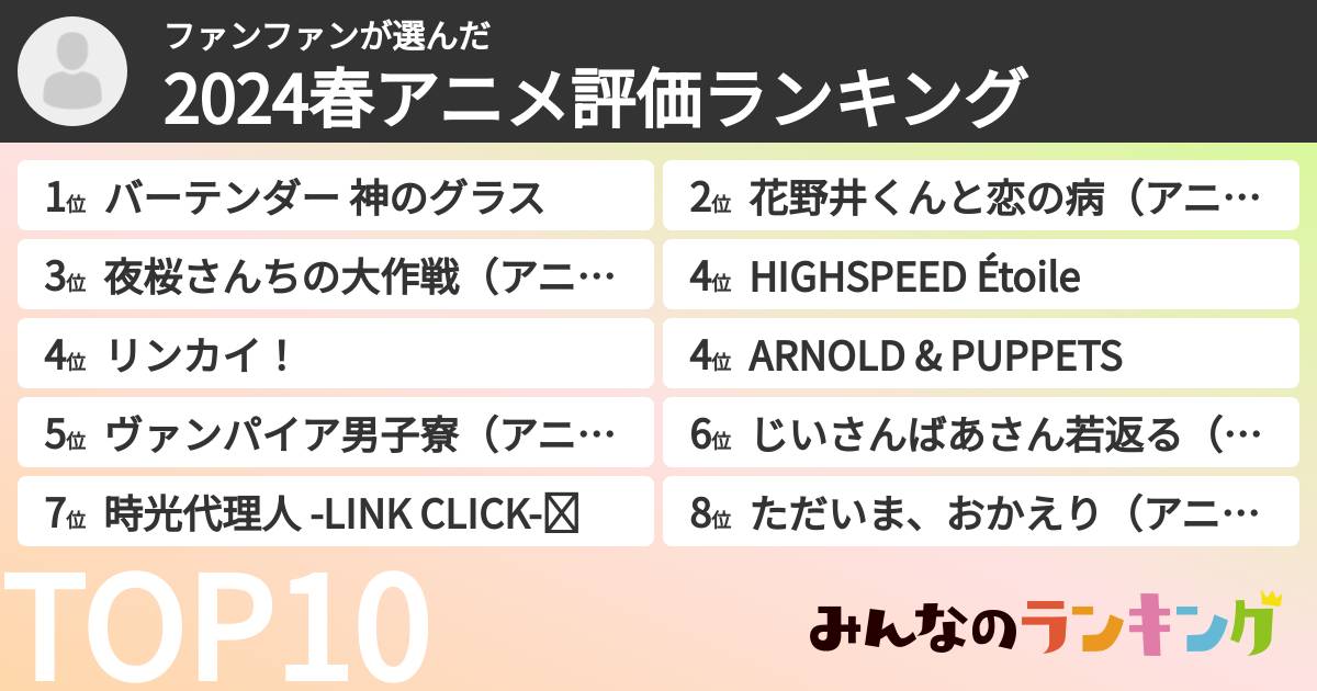 ファンファンさんの「2024春アニメ評価ランキング」