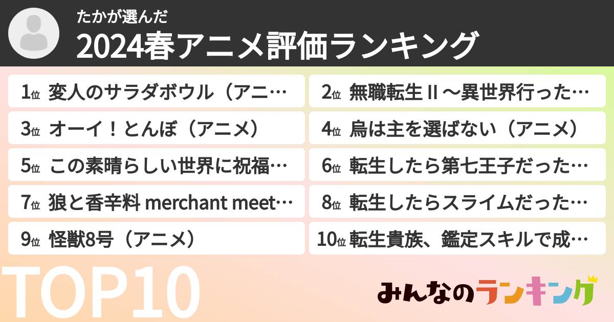 たかさんの「2024春アニメ評価ランキング」