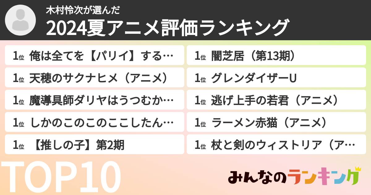 木村怜次さんの「2024夏アニメ評価ランキング」