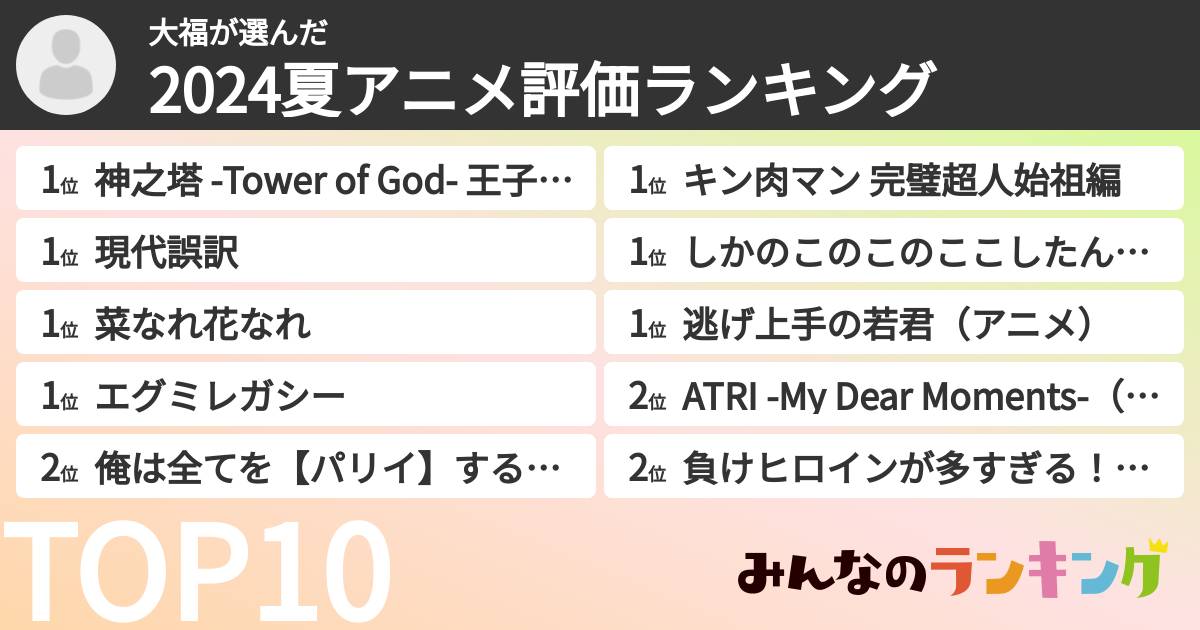 大福さんの「2024夏アニメ評価ランキング」