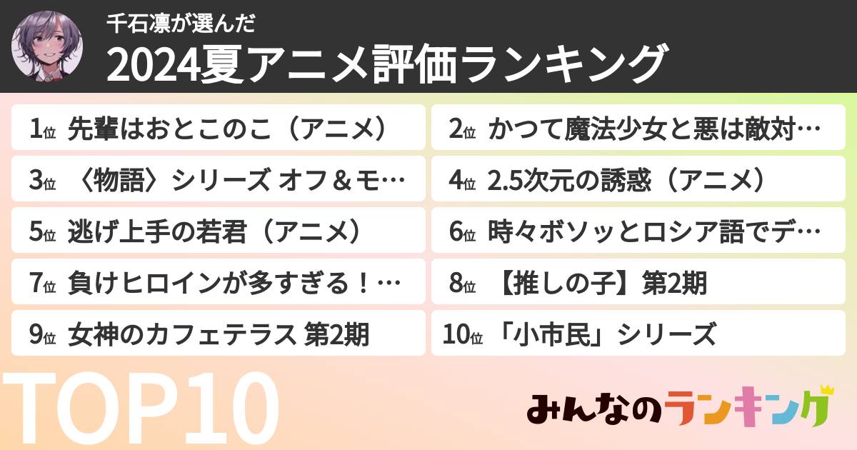 千石凛さんの「2024夏アニメ評価ランキング」