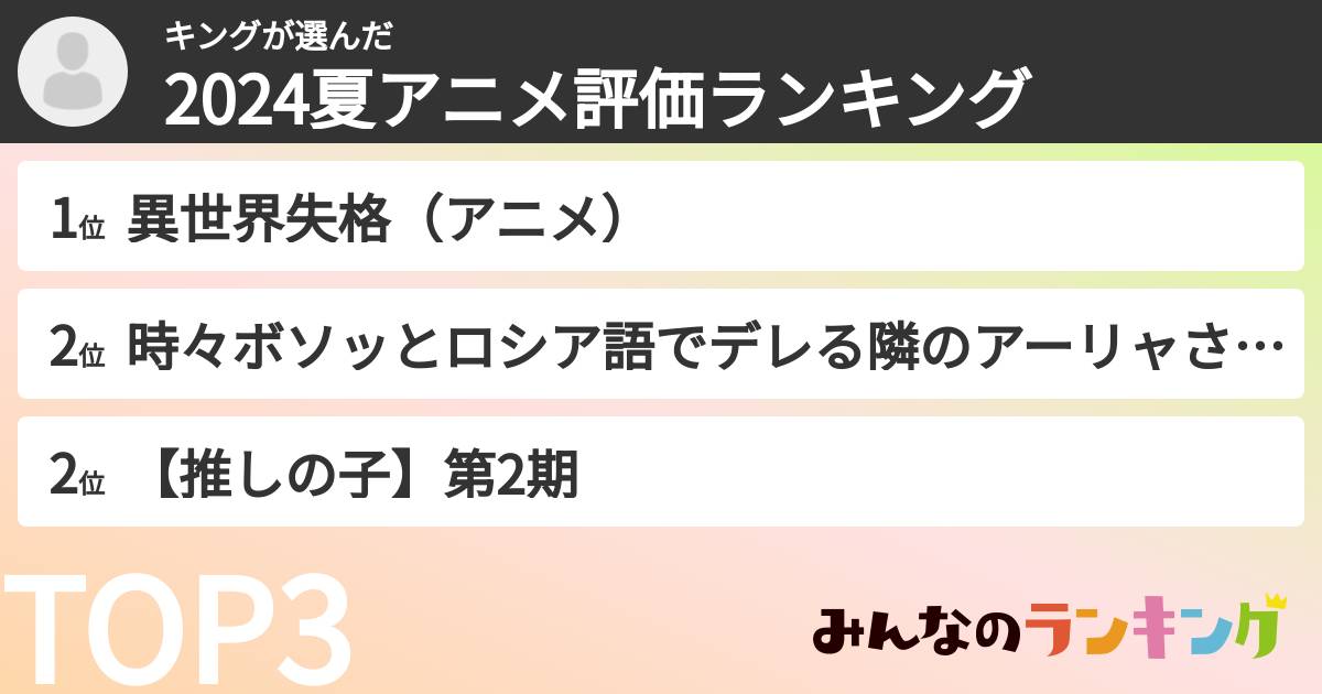 キングさんの「2024夏アニメ評価ランキング」