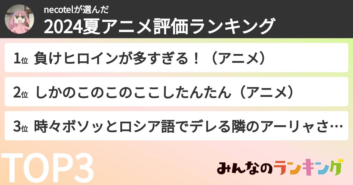 necotelさんの「2024夏アニメ評価ランキング」