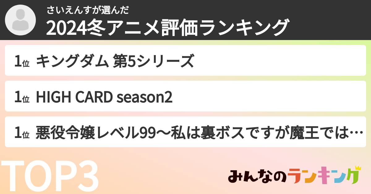 さいえんすさんの「2024冬アニメ評価ランキング」