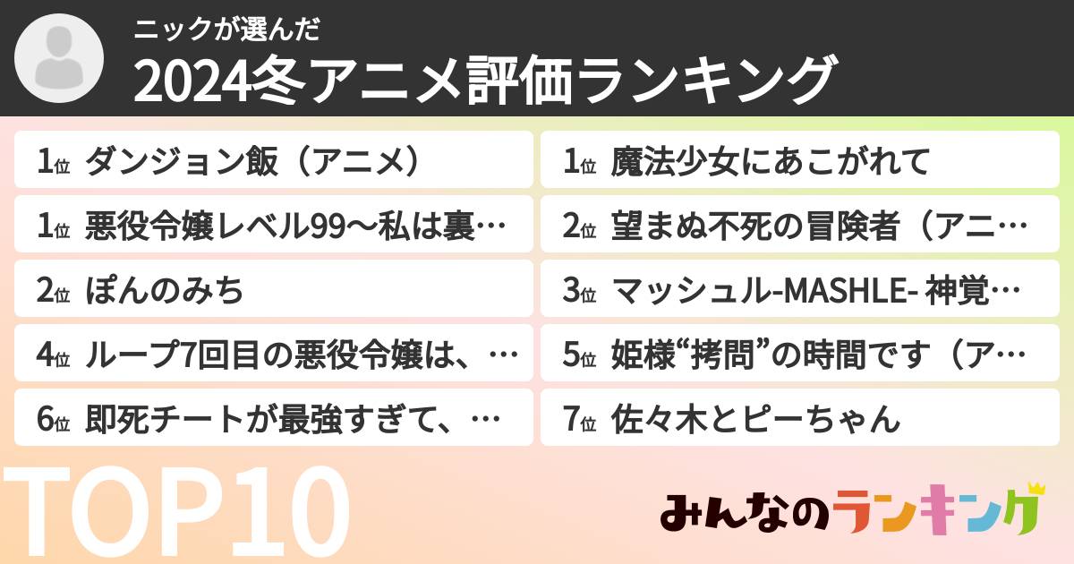ニックさんの「2024冬アニメ評価ランキング」