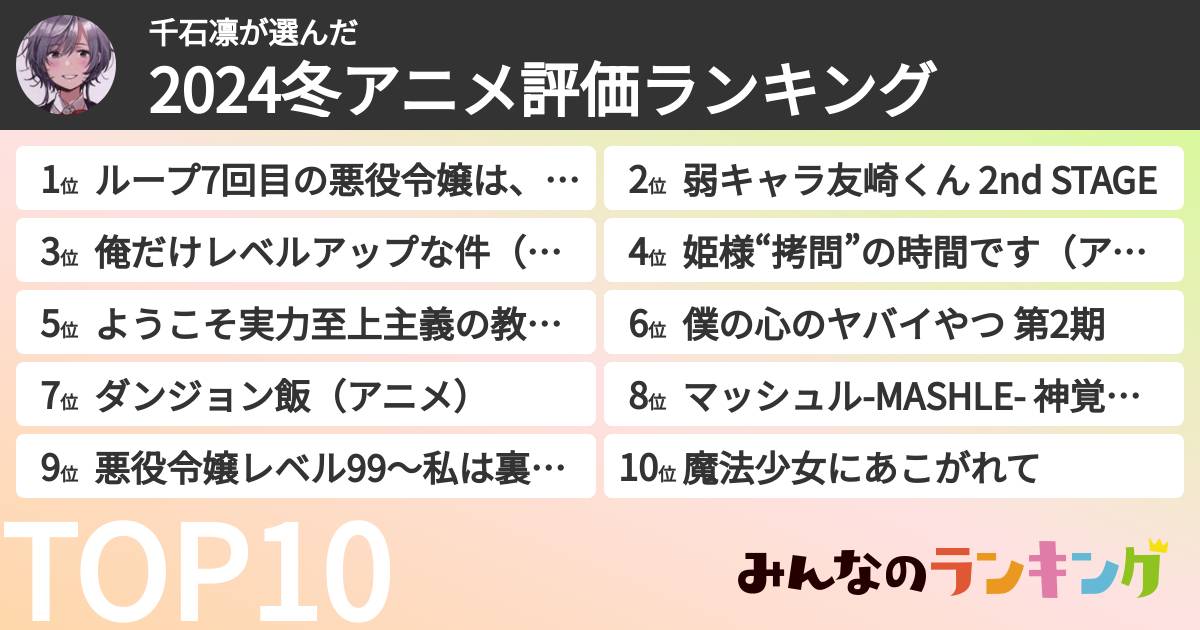 千石凛さんの「2024冬アニメ評価ランキング」