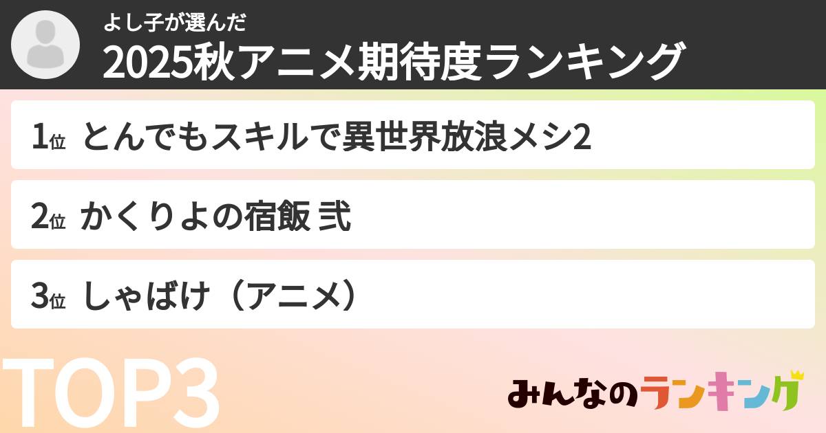 よし子さんの「2025秋アニメ期待度ランキング」
