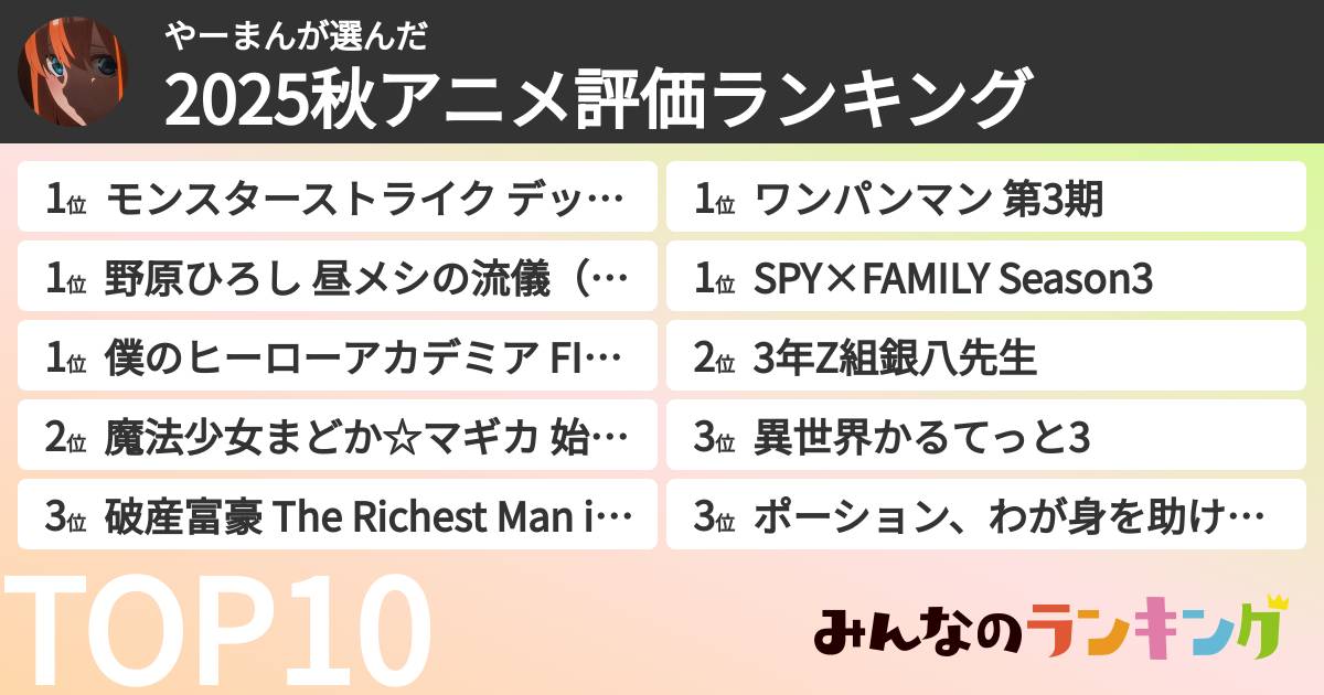 やーまんさんの「2025秋アニメ評価ランキング」