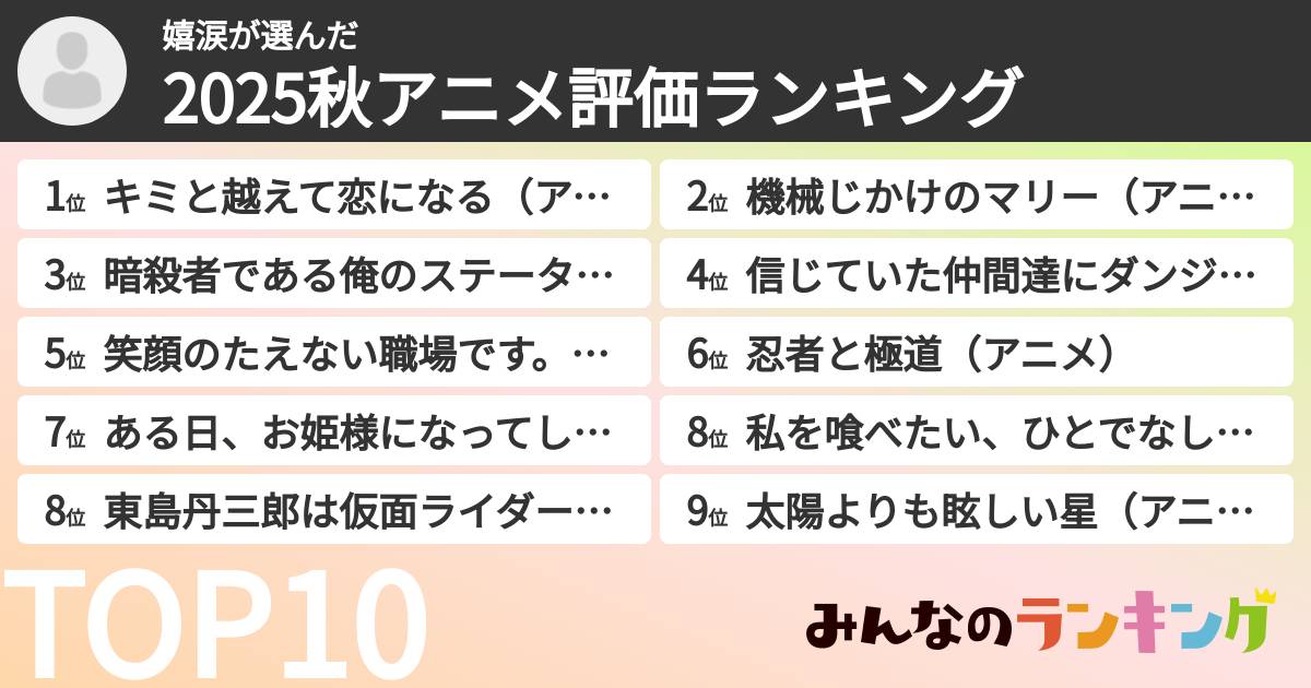 嬉涙さんの「2025秋アニメ評価ランキング」