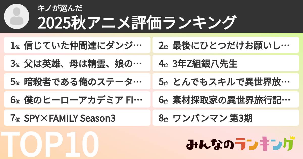 キノさんの「2025秋アニメ評価ランキング」