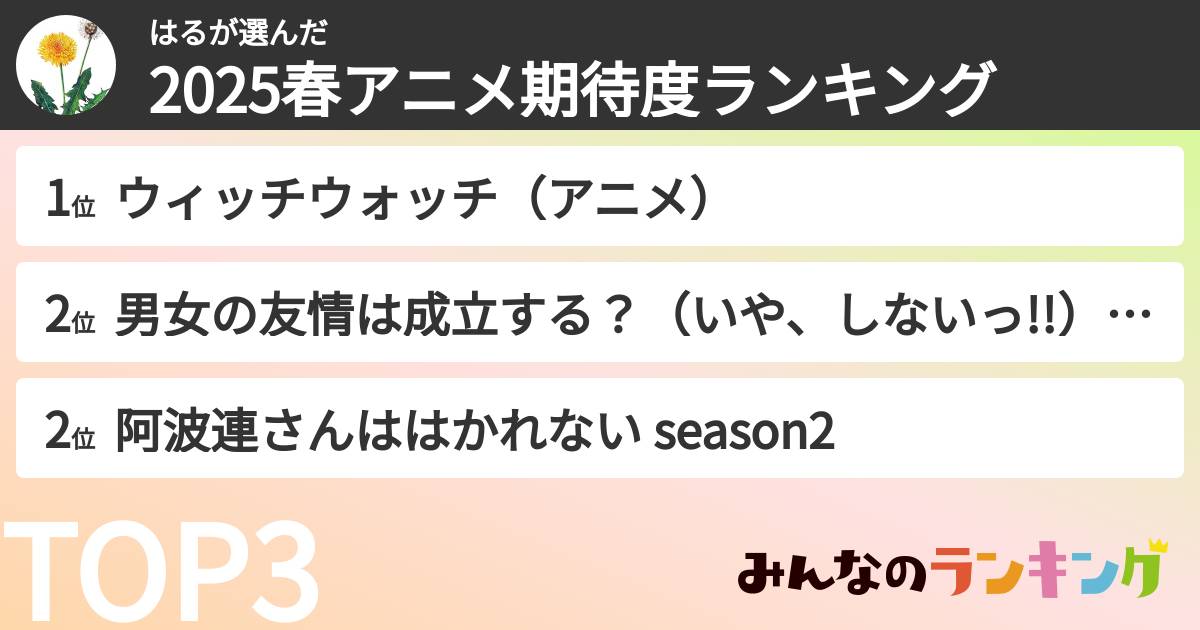 はるさんの「2025春アニメ期待度ランキング」