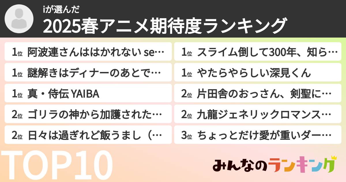iさんの「2025春アニメ期待度ランキング」