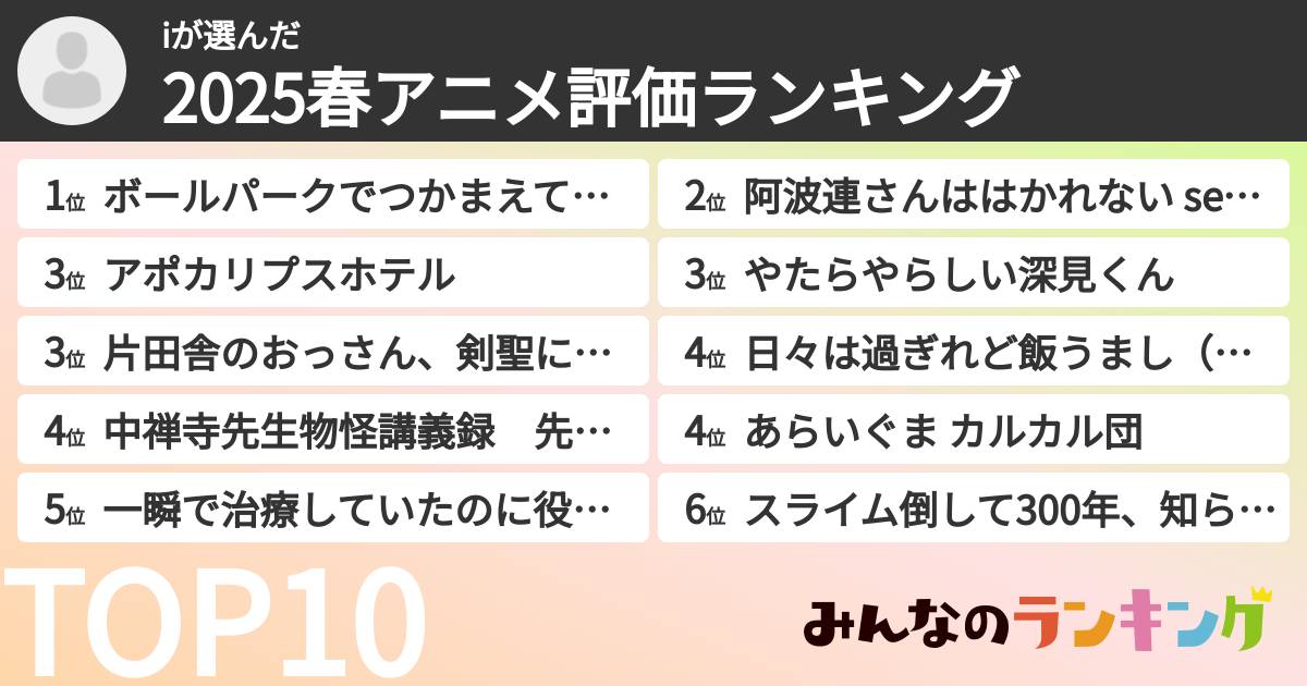 iさんの「2025春アニメ評価ランキング」