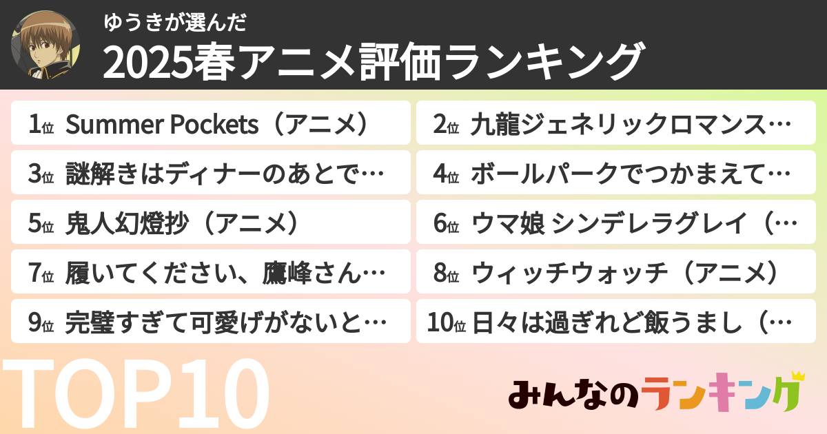 ゆうきさんの「2025春アニメ評価ランキング」