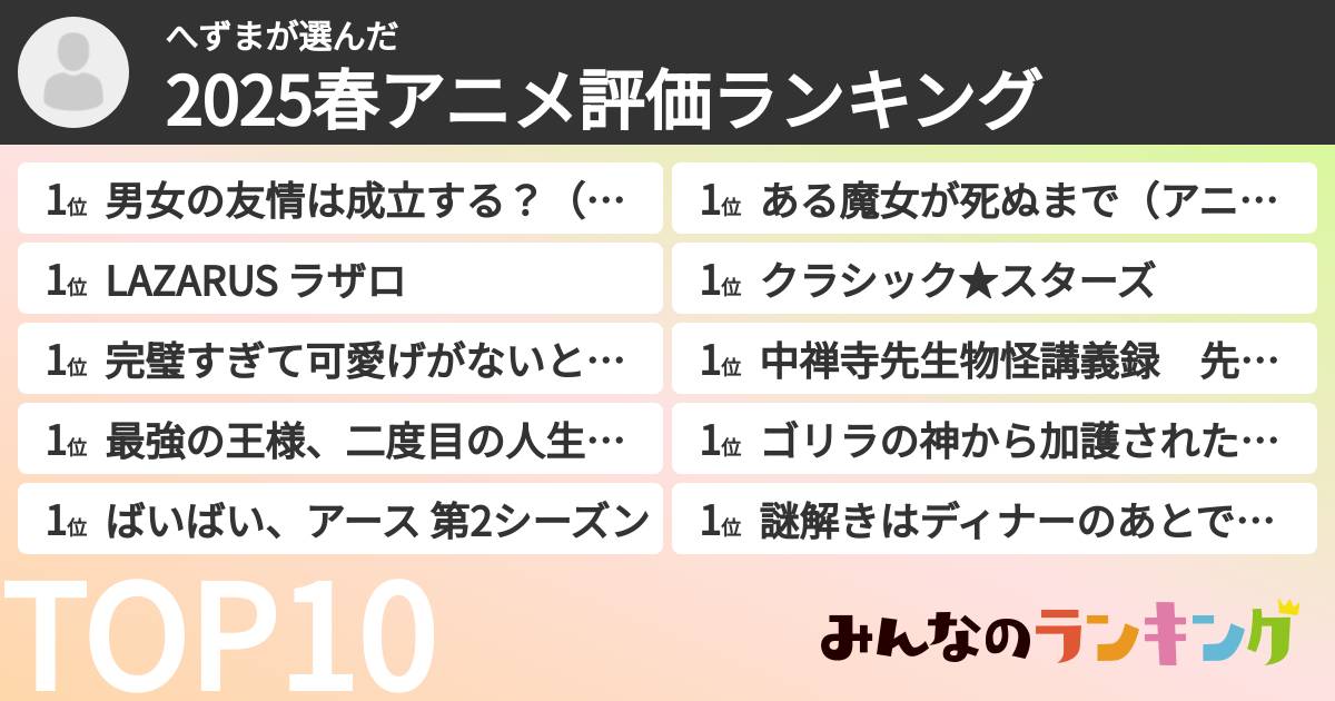 へずまさんの「2025春アニメ評価ランキング」