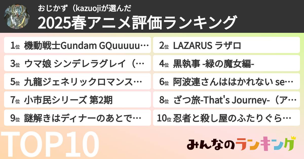 おじかず(kazuojiさんの「2025春アニメ評価ランキング」