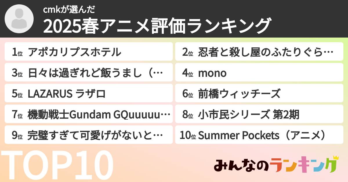 cmkさんの「2025春アニメ評価ランキング」