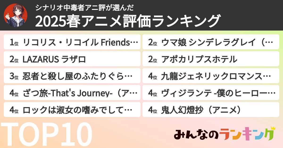 シナリオ中毒者アニ評さんの「2025春アニメ評価ランキング」