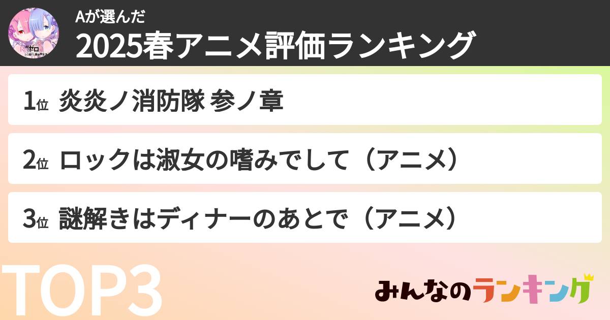 Aさんの「2025春アニメ評価ランキング」