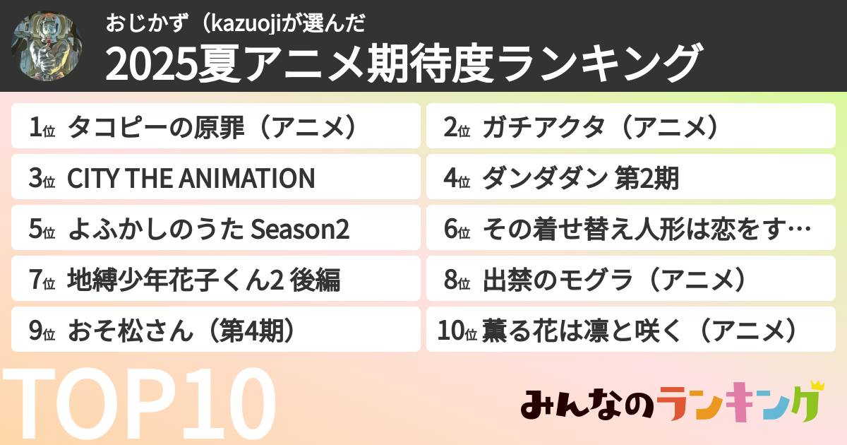 おじかず(kazuojiさんの「2025夏アニメ期待度ランキング」