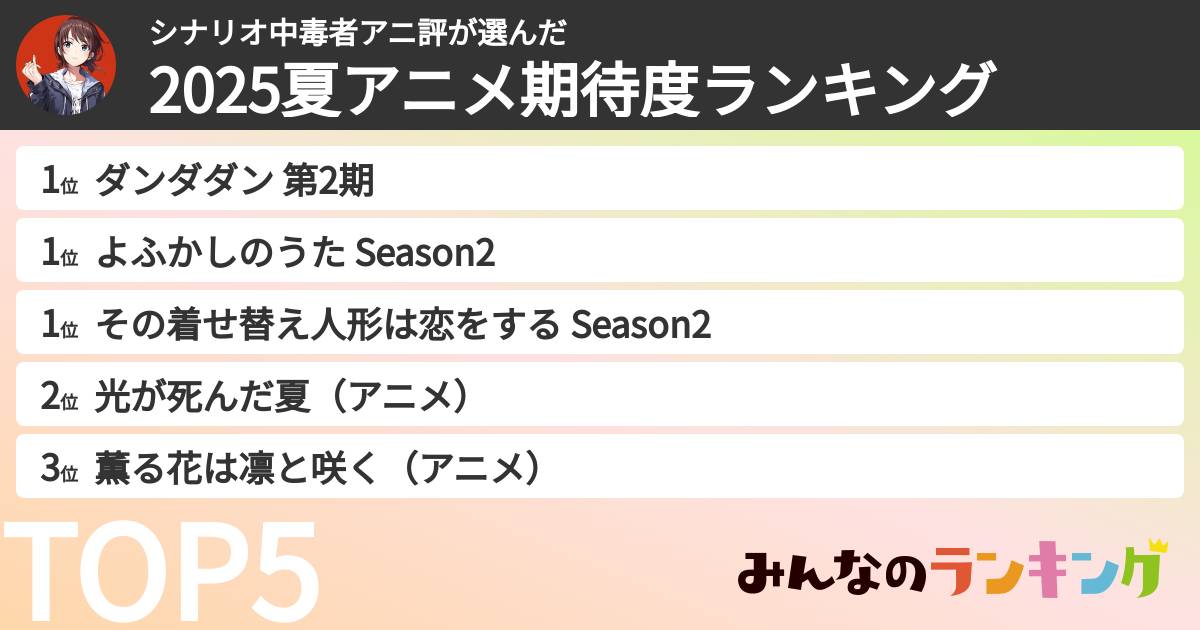 シナリオ中毒者アニ評さんの「2025夏アニメ期待度ランキング」