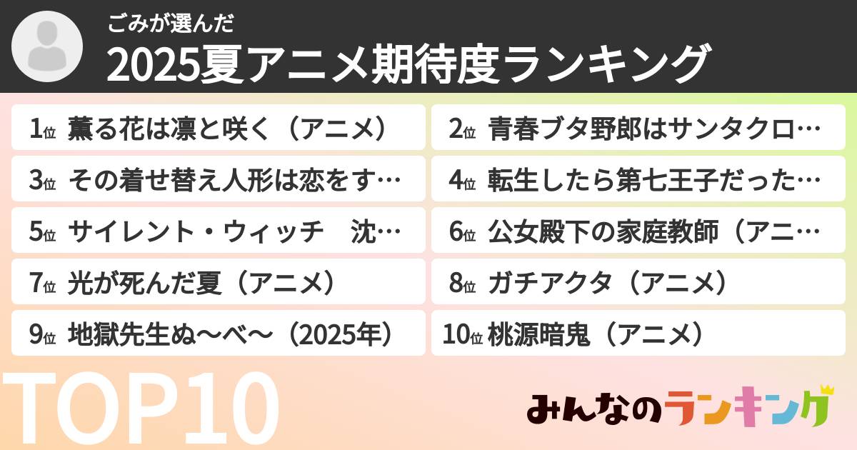 ごみさんの「2025夏アニメ期待度ランキング」