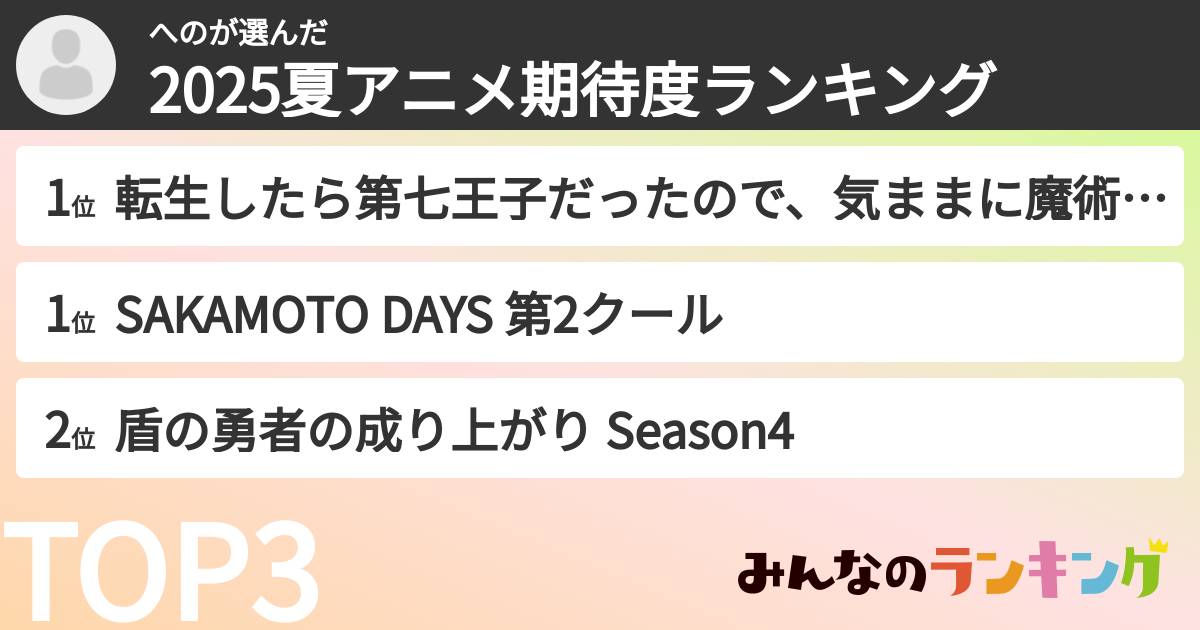 へのさんの「2025夏アニメ期待度ランキング」