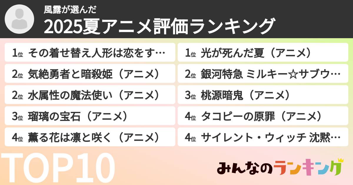 風露さんの「2025夏アニメ評価ランキング」