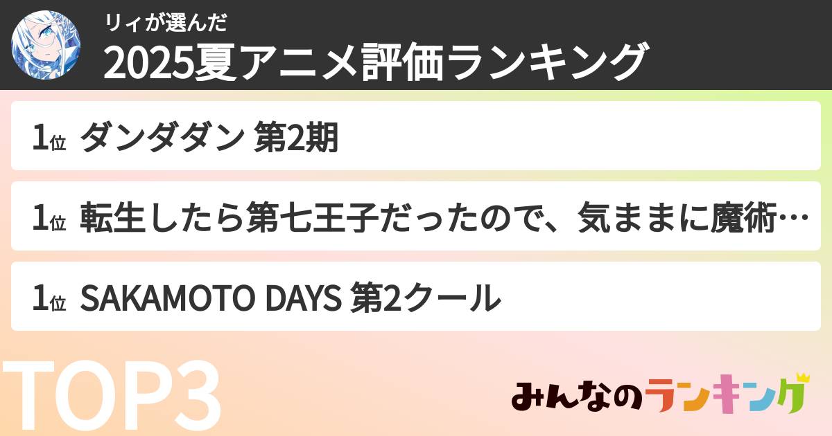 リィさんの「2025夏アニメ評価ランキング」