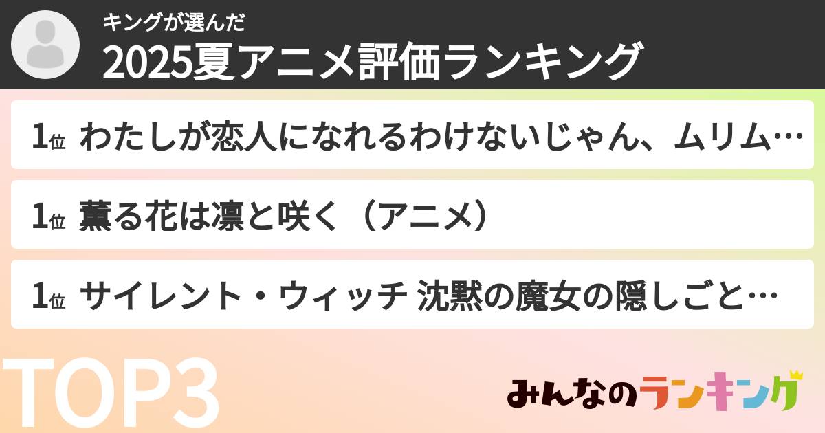 キングさんの「2025夏アニメ評価ランキング」