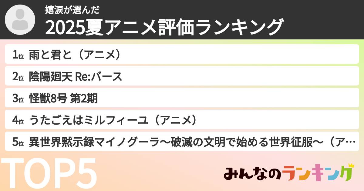 嬉涙さんの「2025夏アニメ評価ランキング」