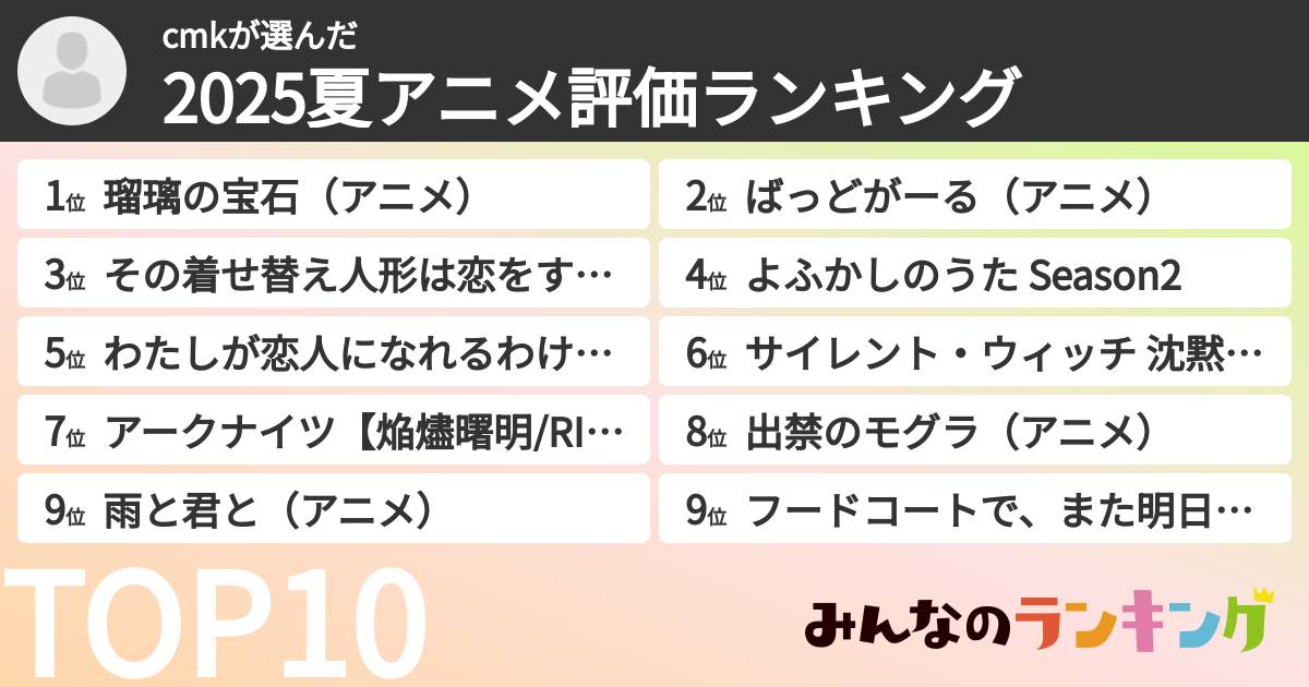 cmkさんの「2025夏アニメ評価ランキング」