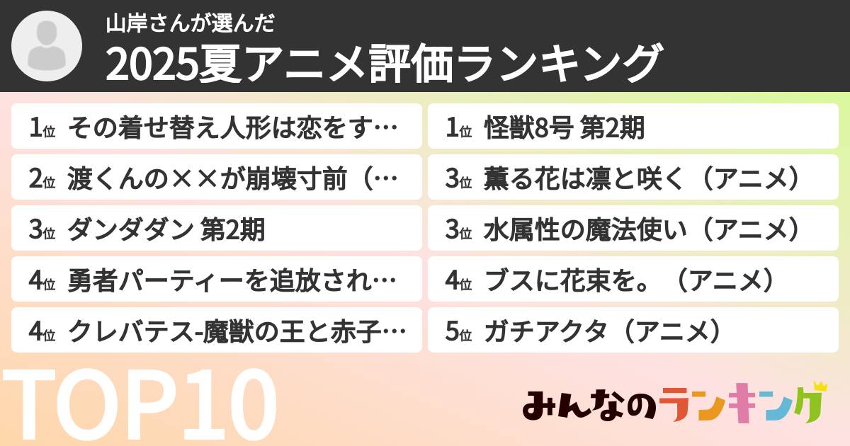 山岸さんさんの「2025夏アニメ評価ランキング」