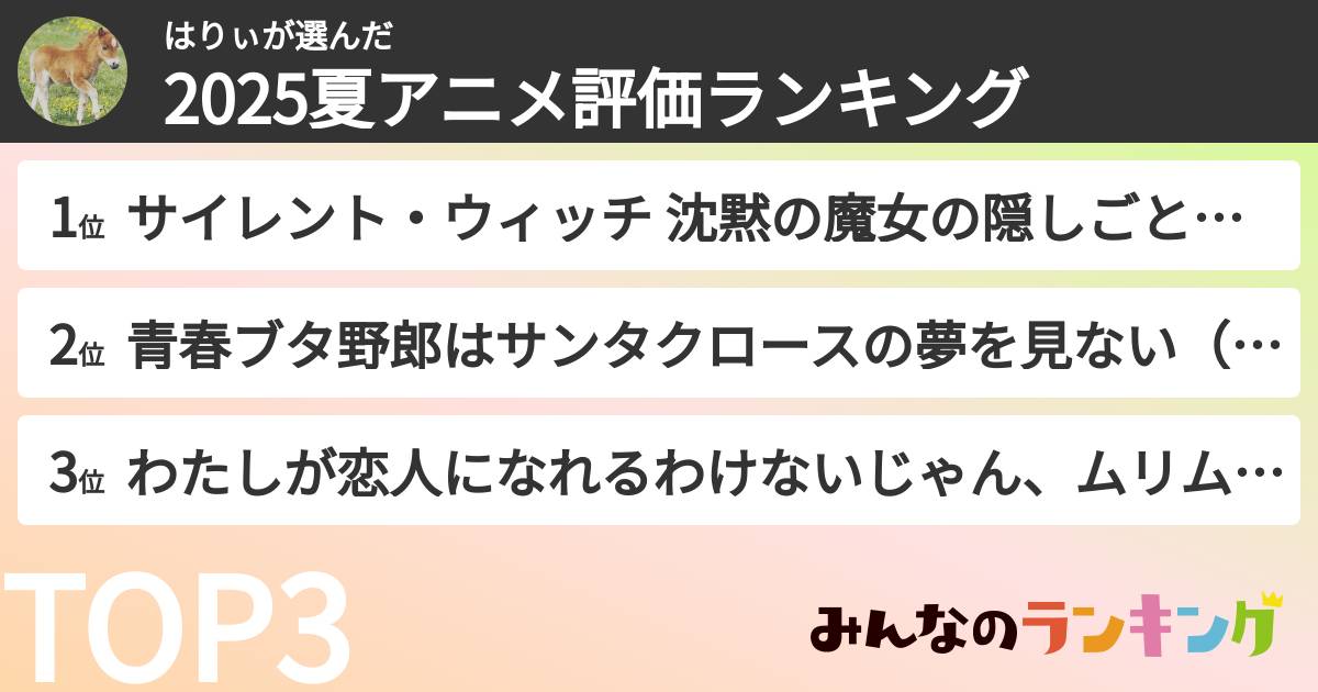 はりぃさんの「2025夏アニメ評価ランキング」