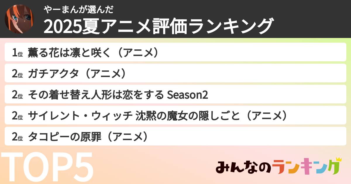 やーまんさんの「2025夏アニメ評価ランキング」