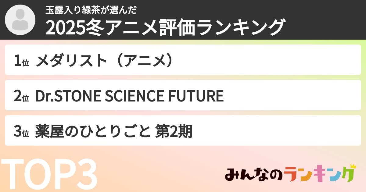 玉露入り緑茶さんの「2025冬アニメ評価ランキング」