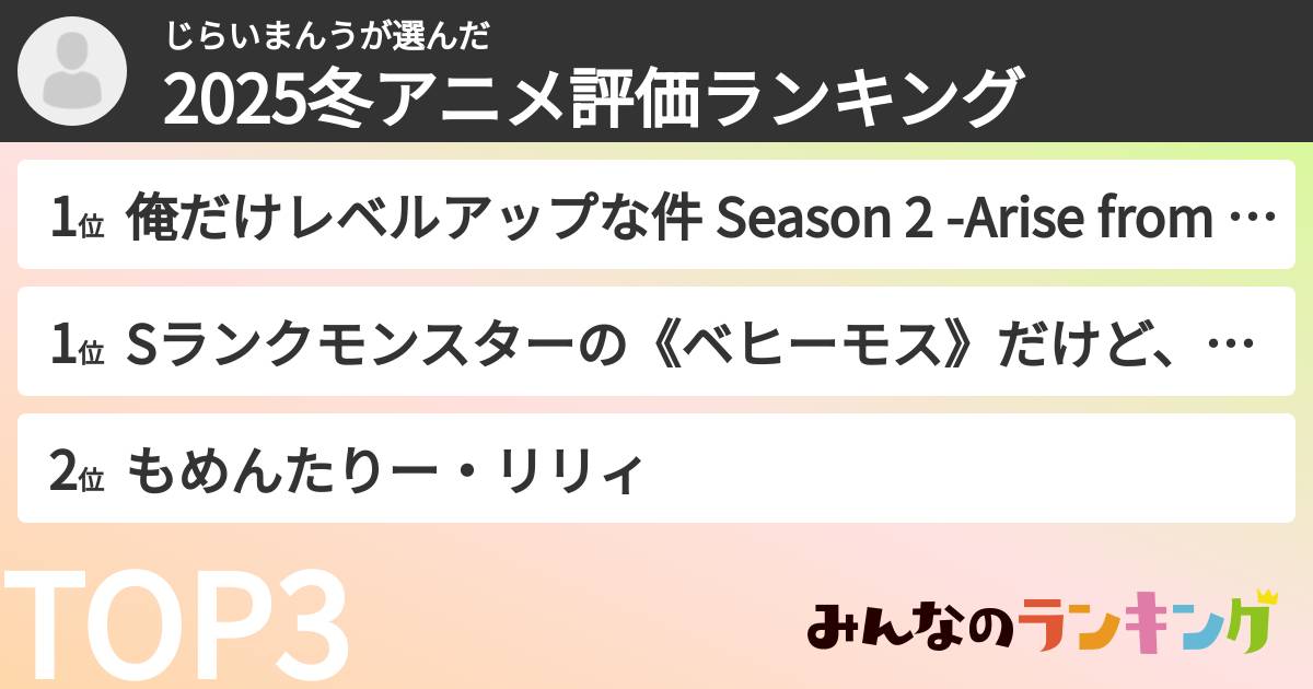じらいまんうさんの「2025冬アニメ評価ランキング」