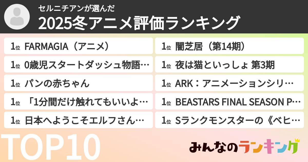セルニチアンさんの「2025冬アニメ評価ランキング」