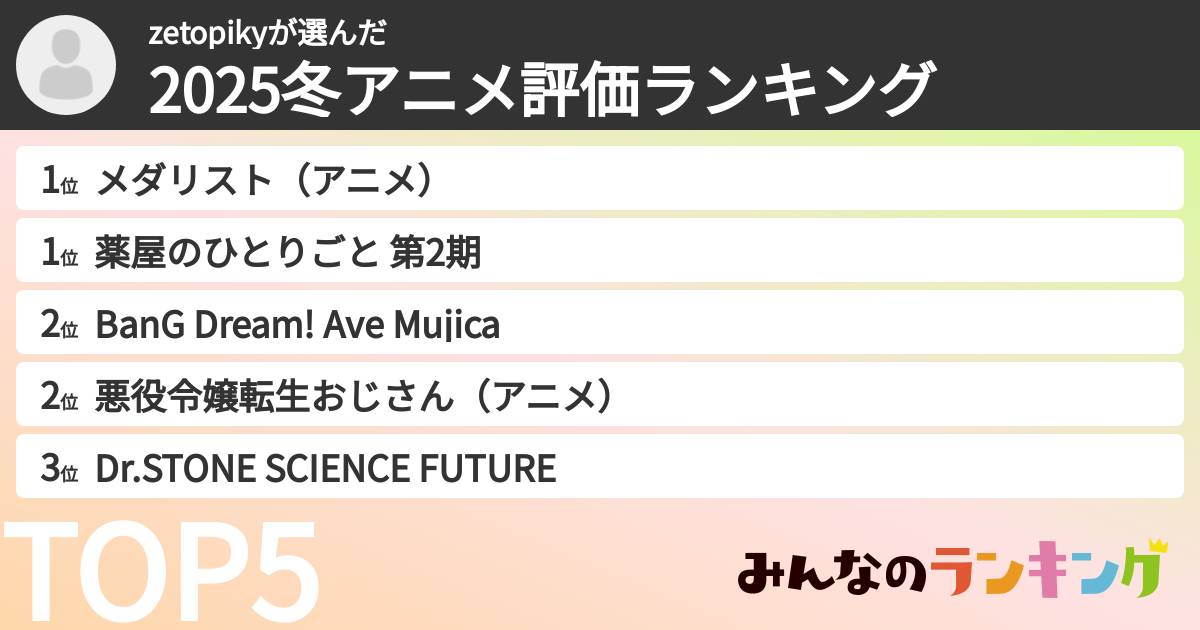 zetopikyさんの「2025冬アニメ評価ランキング」