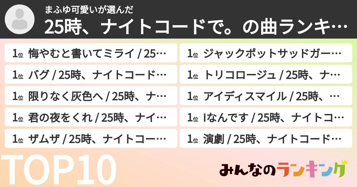 まふゆ可愛いさんの「25時、ナイトコードで。の曲ランキング」