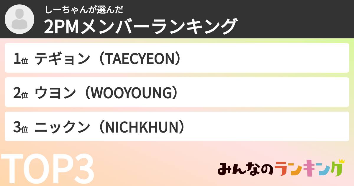 しーちゃんさんの「2PMメンバーランキング」