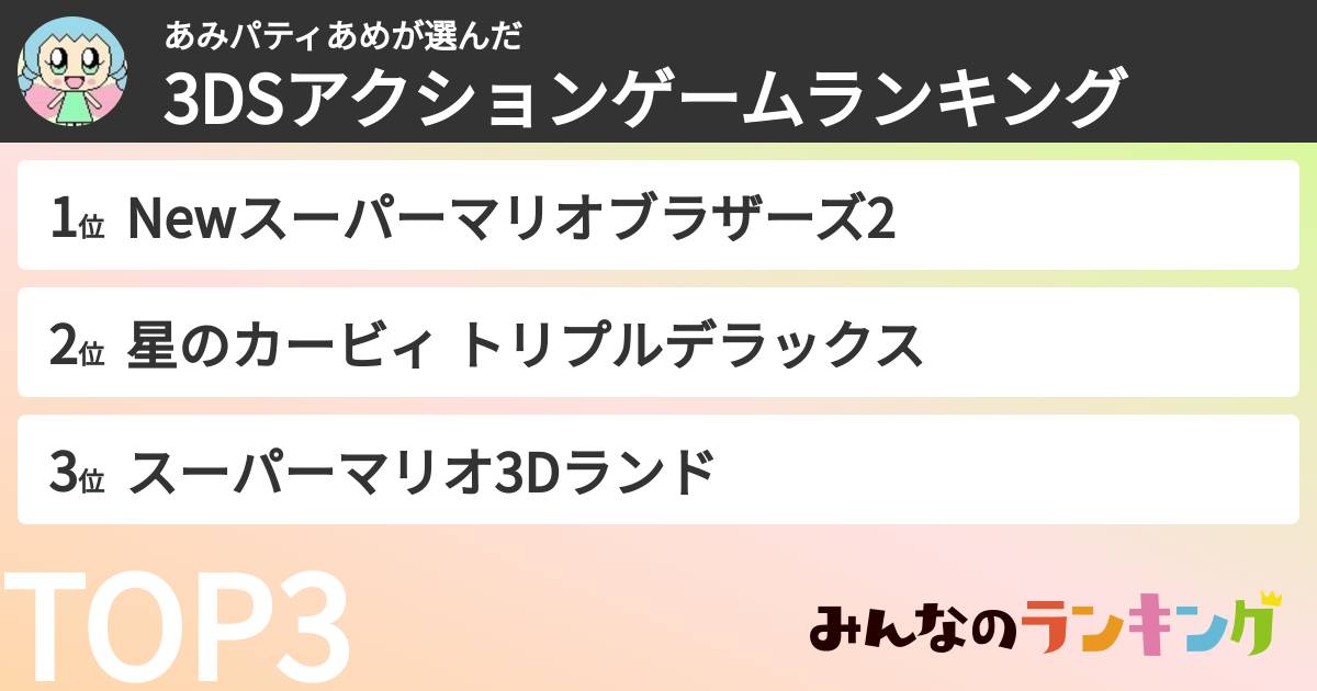 あみパティあめさんの「3DSアクションゲームランキング」