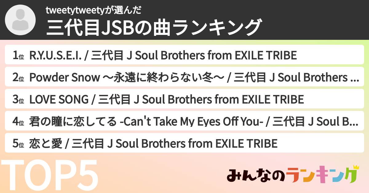 tweetytweetyさんの「三代目JSBの曲ランキング」